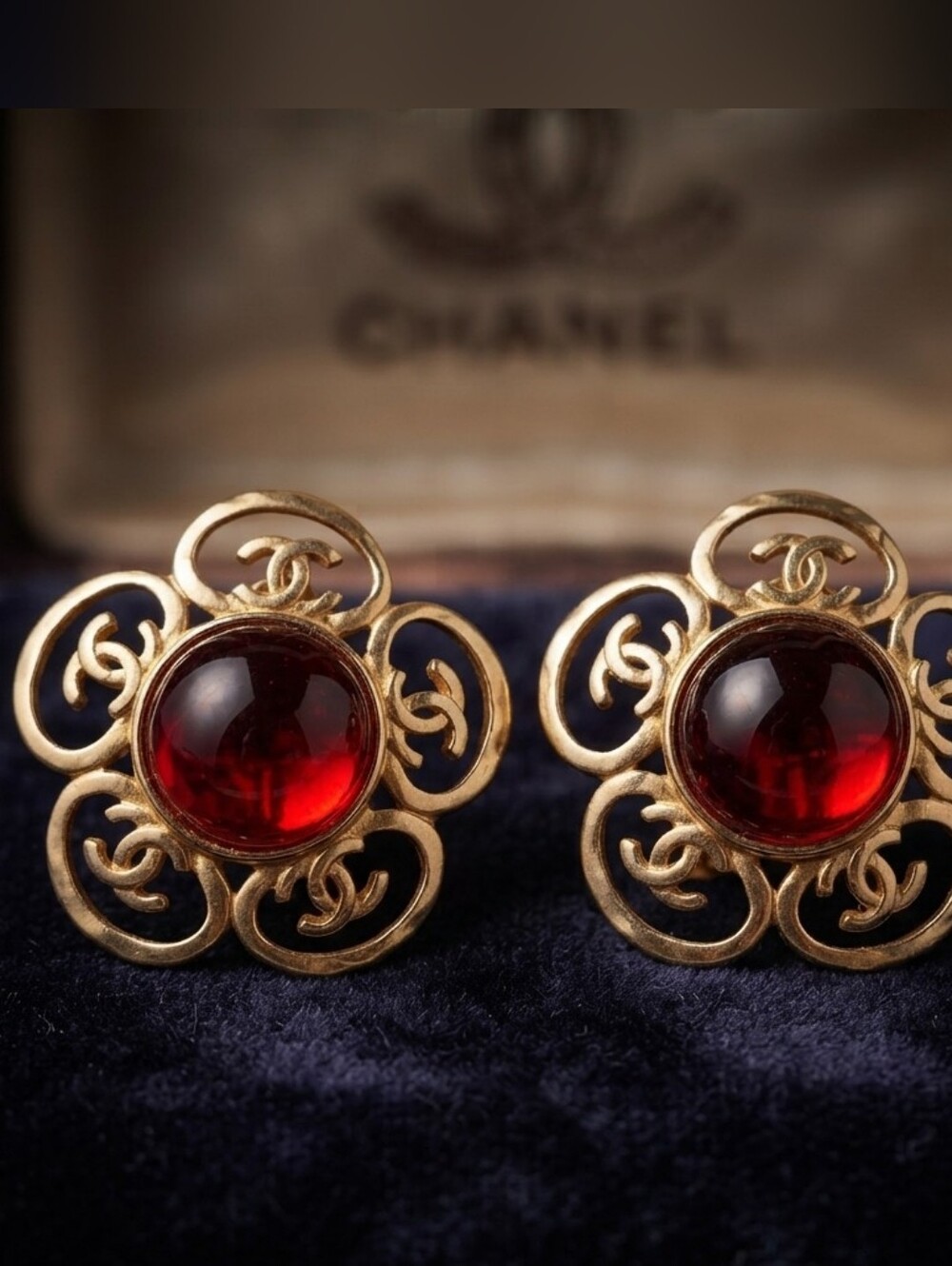 Modern Lux Gold Floral Fashion CC Earrings with Deep Red Cabochons